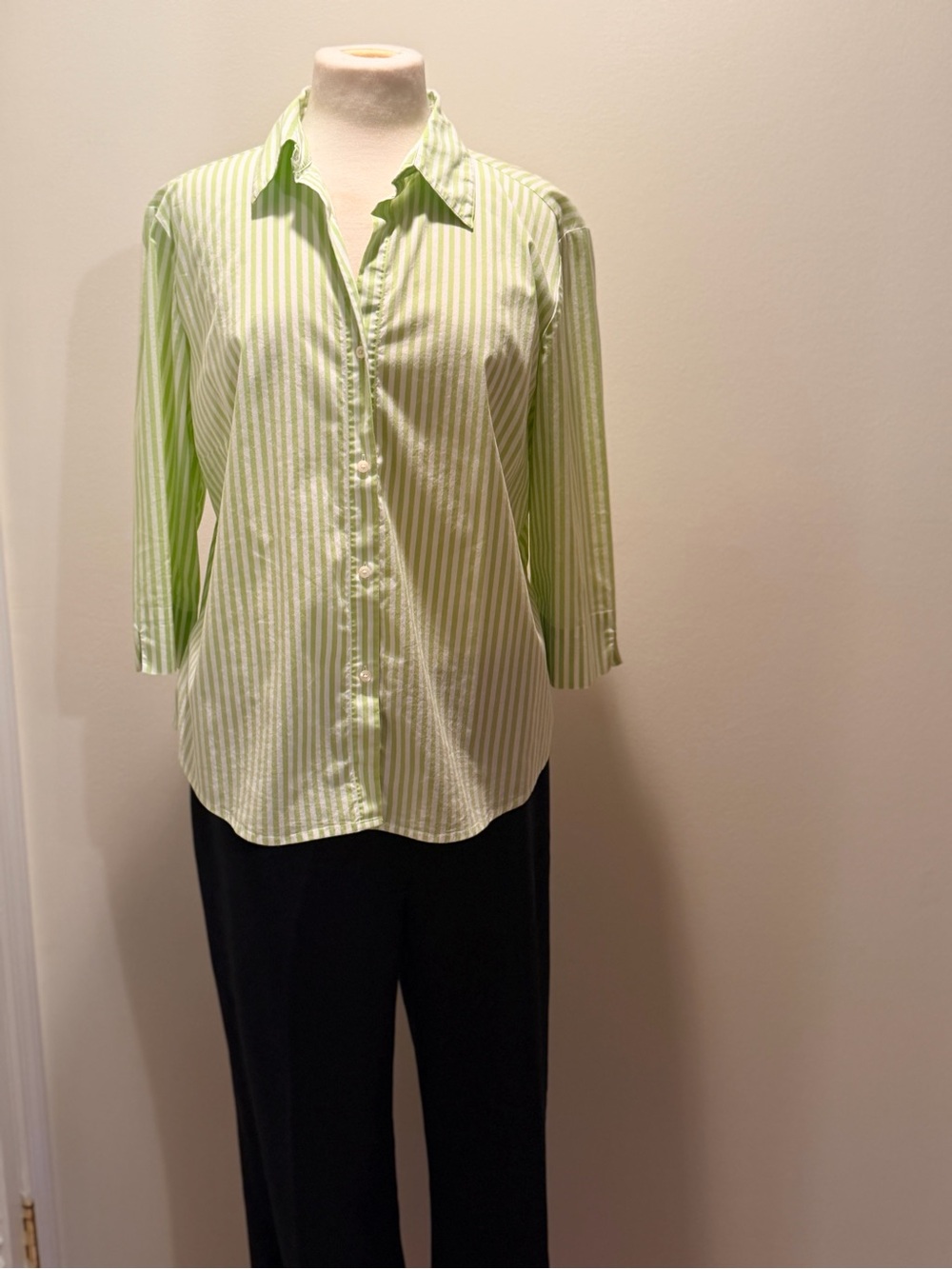 Light Green Striped Button-Down Shirt with Three-Quarter Sleeves